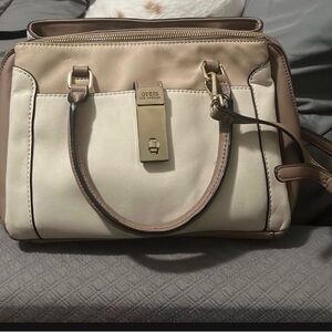 GUESS Two-Tone Cream and Tan Satchel with Gold Hardware